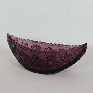 Amethyst Pressed Glass Console Bowl Half Moon Shell Scroll Starburst Vintage
